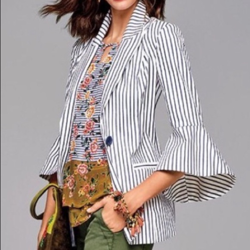CAbi White and Navy Striped Bell Sleeve Blazer